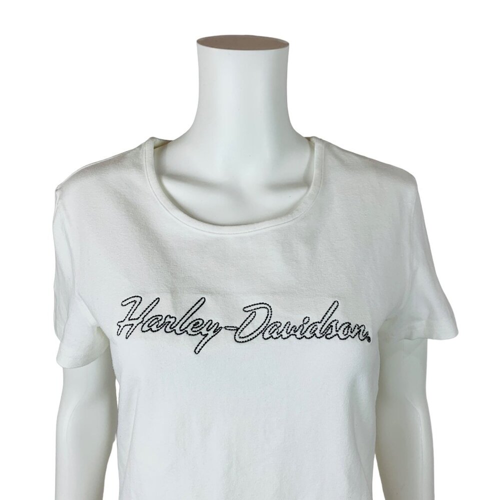 Harley Davidson White Baby Tee Womens Large Y2K Black Embroidered Logo Stretch - Picture 1 of 8